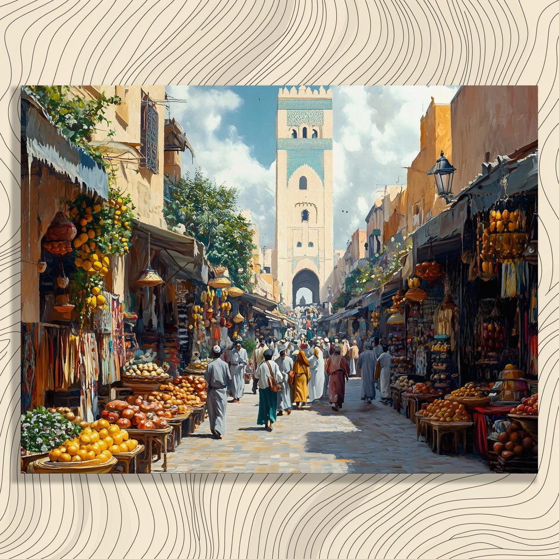 Vibrant Colorful Moroccan Souk Market Street Minaret Bazaar Wall Art