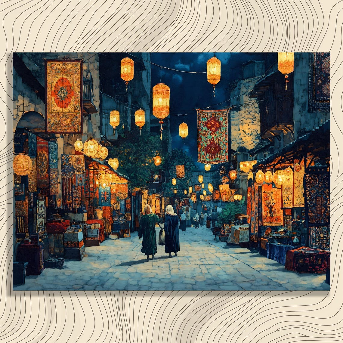 Old Town Night Bazaar with Lanterns and Carpet Shops Scene Poster