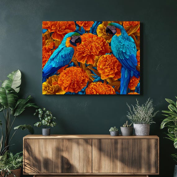 Blue Macaw Parrots Canvas Wall Art Tropical Bird Print With Marigold Flowers Botanical Boho Decor Colorful Wildlife Illustration