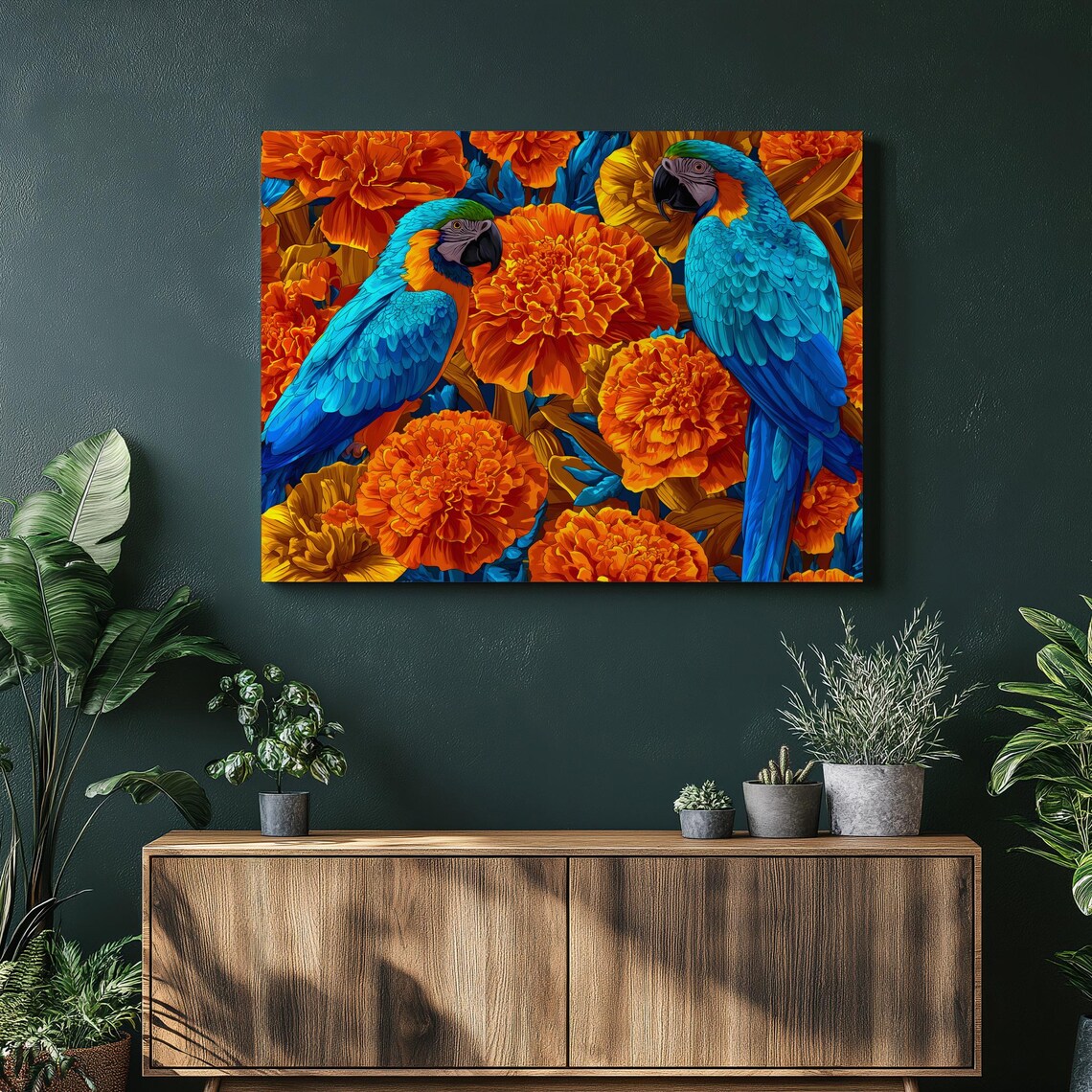 Blue Macaw Parrots Canvas Wall Art Tropical Bird Print With Marigold Flowers Botanical Boho Decor Colorful Wildlife Illustration