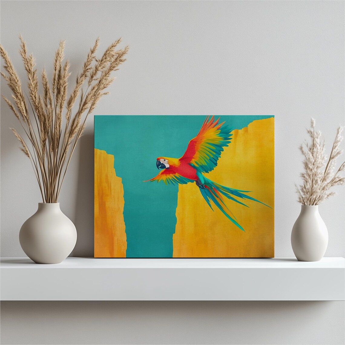 Colorful Scarlet Macaw Parrot Flying Over Teal Gold Wall Art