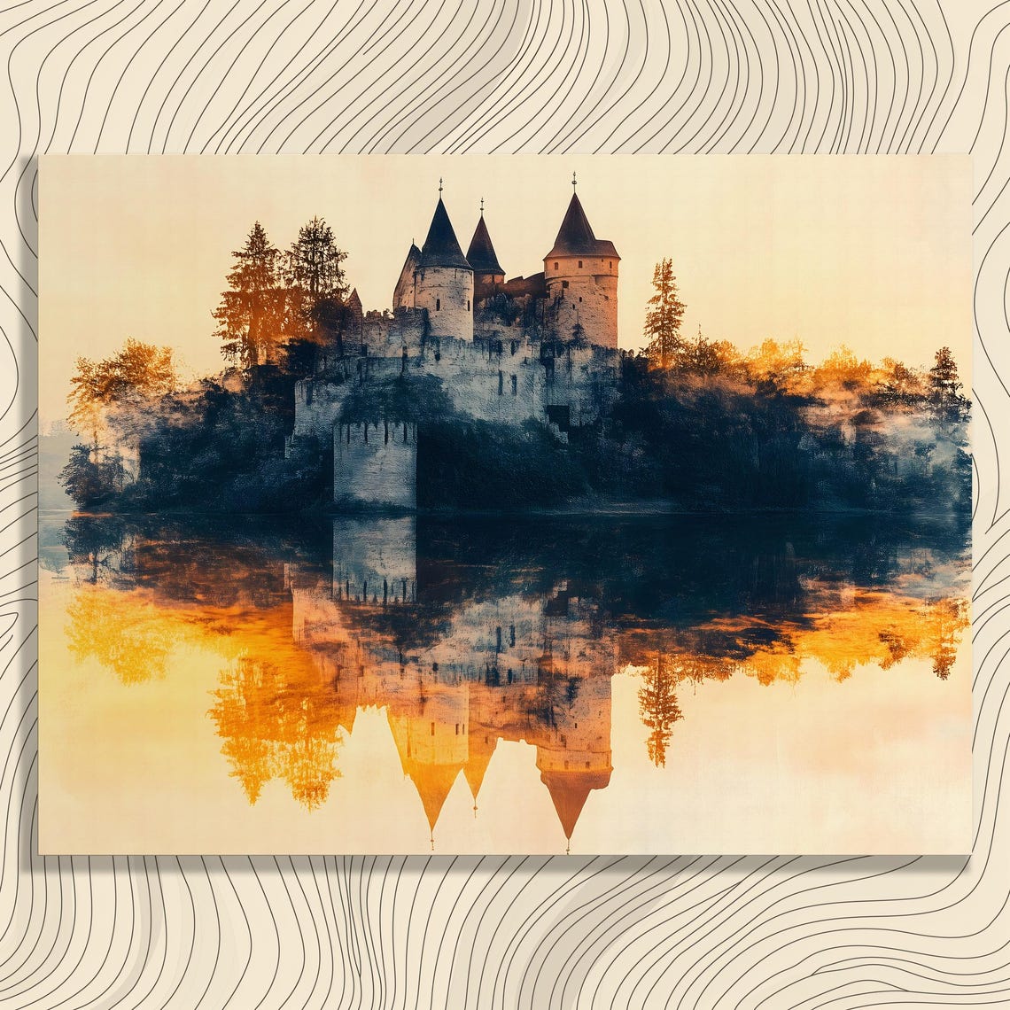 Medieval Castle Lake Golden Sunset Mirror Reflection Fairytale Poster