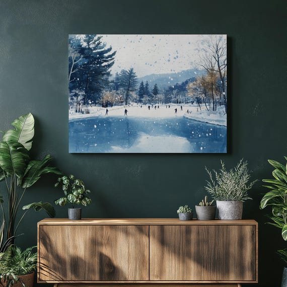 Frozen Lake Ice Skating Canvas Wall Art Serene Winter Landscape Painting With Snow Covered Trees Mountains Holiday Decor Blue Tones