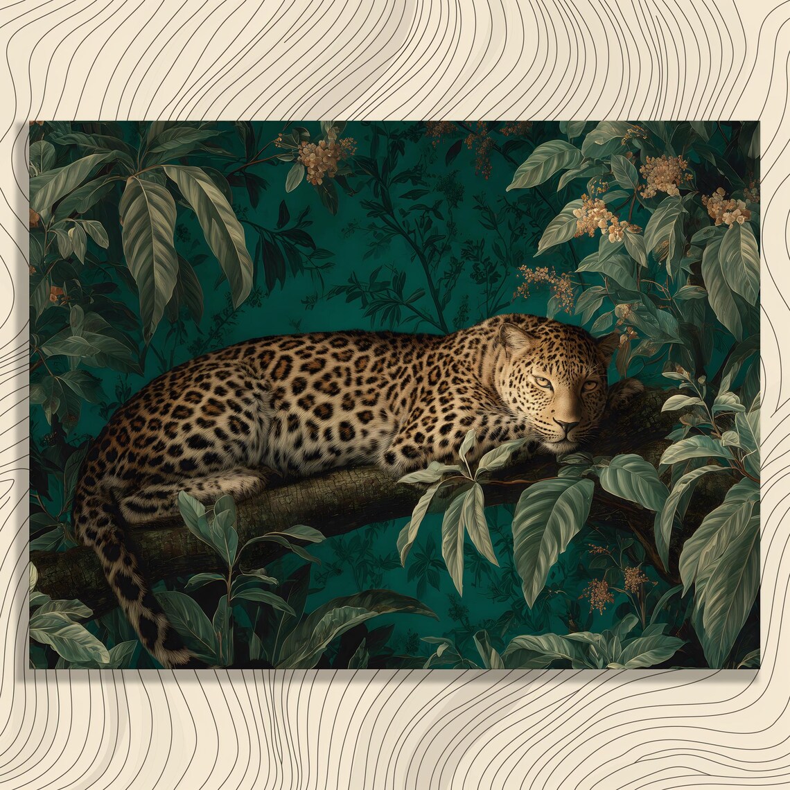 Leopard Canvas Wall Art Jungle Animal Print Wildlife Decor Tropical Foliage Botanical Illustration Realistic