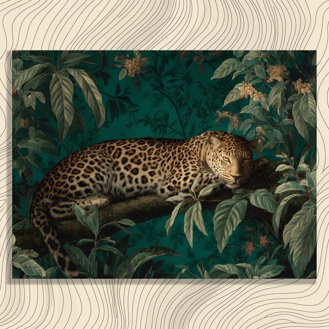 Resting Leopard in Lush Emerald Jungle Botanical Big Cat Poster