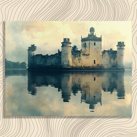 Ancient Castle Reflection Canvas Wall Art Classic Landscape Painting Print With Water Clouds For History Lovers Gift Decor