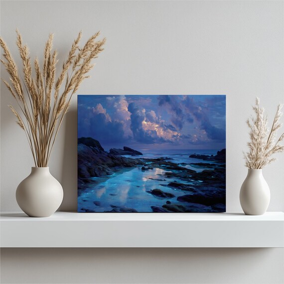 Moonlit Rocky Coast Seascape in Deep Blue Twilight with Glowing Ocean Wall Art