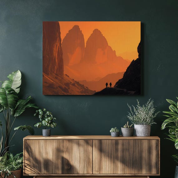 Sunset Mountain Hikers Canvas Wall Art Modern Silhouette Landscape Print Orange Sky Rock Formations Outdoor Decor Painting Gift