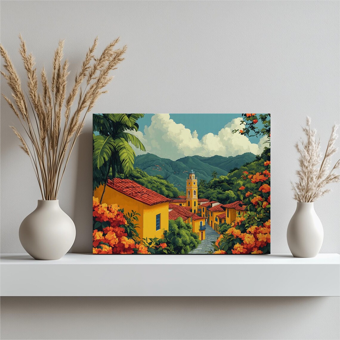 Colombian Colonial Village Colorful Town Mountain Landscape Print