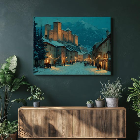 Dark Mountain Castle Canvas Wall Art Winter Landscape Snowy Village Lantern Lights Rustic Lodge Nature Decor Print Mountainscape