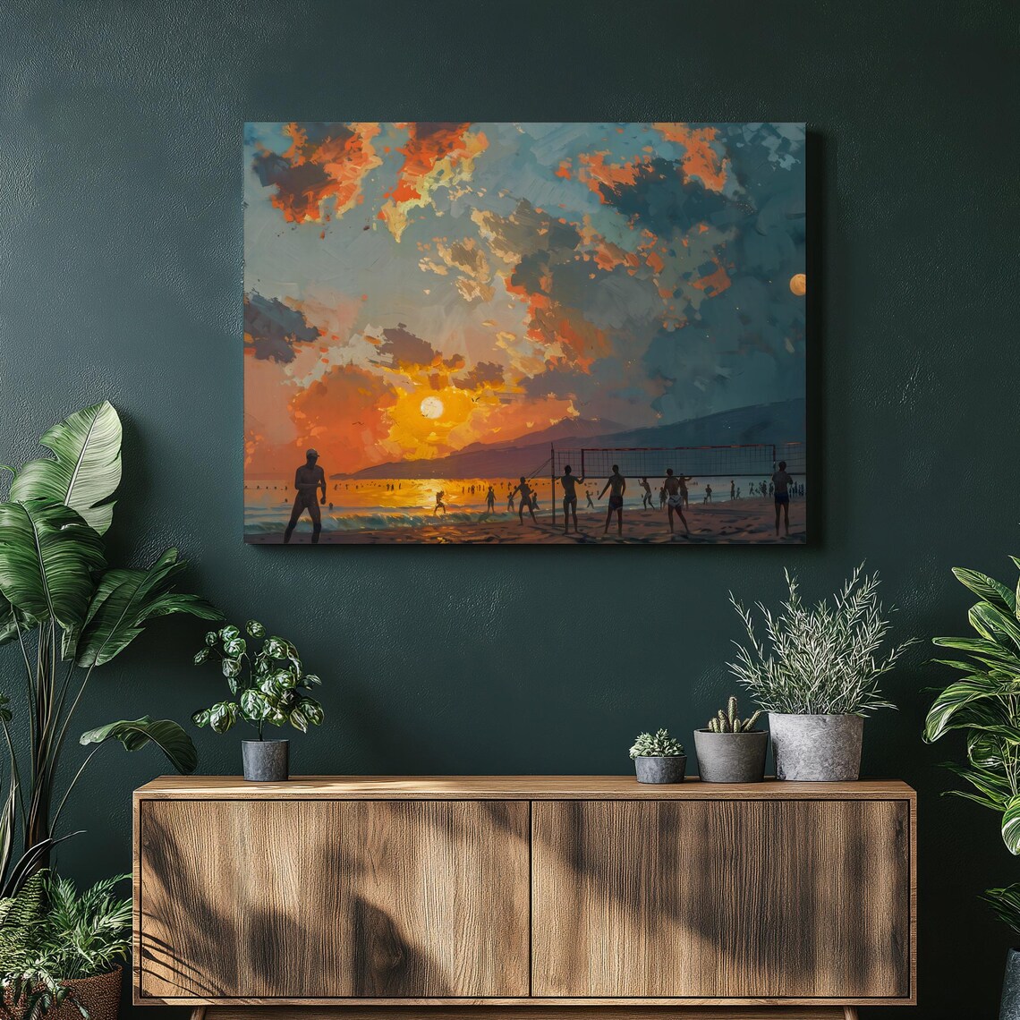 Beach Volleyball Players Sunset Silhouette Coastal Sports Painting Poster