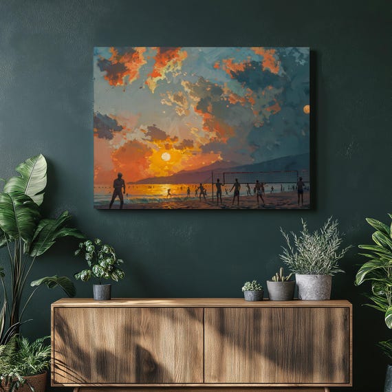 Beach Volleyball Sunset Canvas Wall Art Dramatic Coastal Sky Painting With Ocean Waves Silhouettes And Warm Golden Light For Home Decor