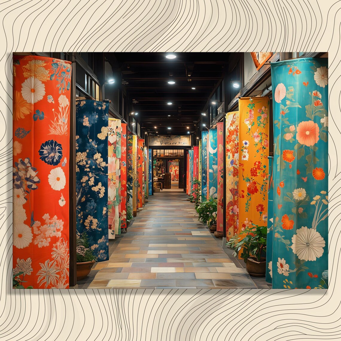 Vibrant Floral Textile Corridor Japanese Kimono Market Fabric Art Print