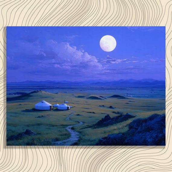 Full Moon Over Steppe Yurts Night Sky Landscape Painting Art Print