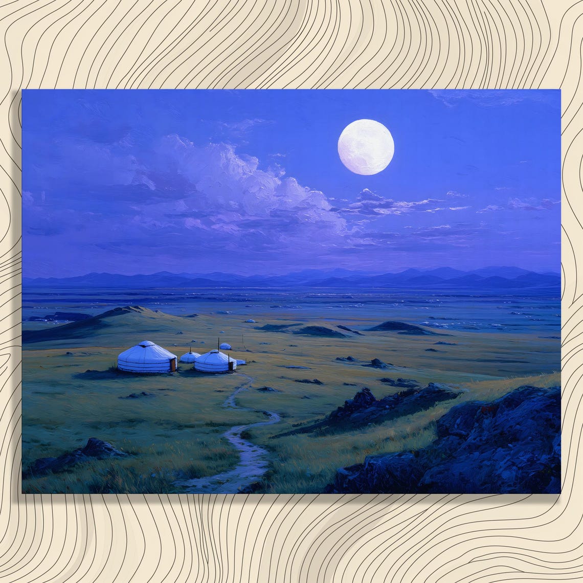 Full Moon Over Steppe Yurts Night Sky Landscape Painting Art Print