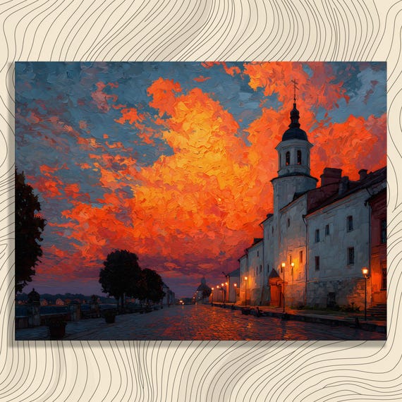 Sunset Church Cityscape Canvas Wall Art Impressionist European Tower Cobblestone Street Dramatic Sky Colorful Urban Landscape Orange Blue