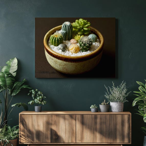 Succulent Cactus Bowl Canvas Wall Art Green Plant Decor Print For Botanical Lover Gift Natural Accent Boho