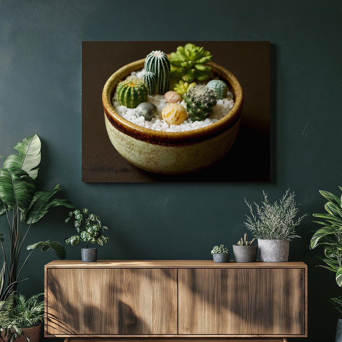 Succulent Cactus Bowl Canvas Wall Art Green Plant Decor Print For Botanical Lover Gift Natural Accent Boho