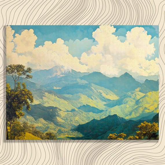 Luminous Mountain Landscape Canvas Wall Art Country Farmhouse Nature Decor Blue Sky With Clouds Rolling Green Hills Silhouetted Trees