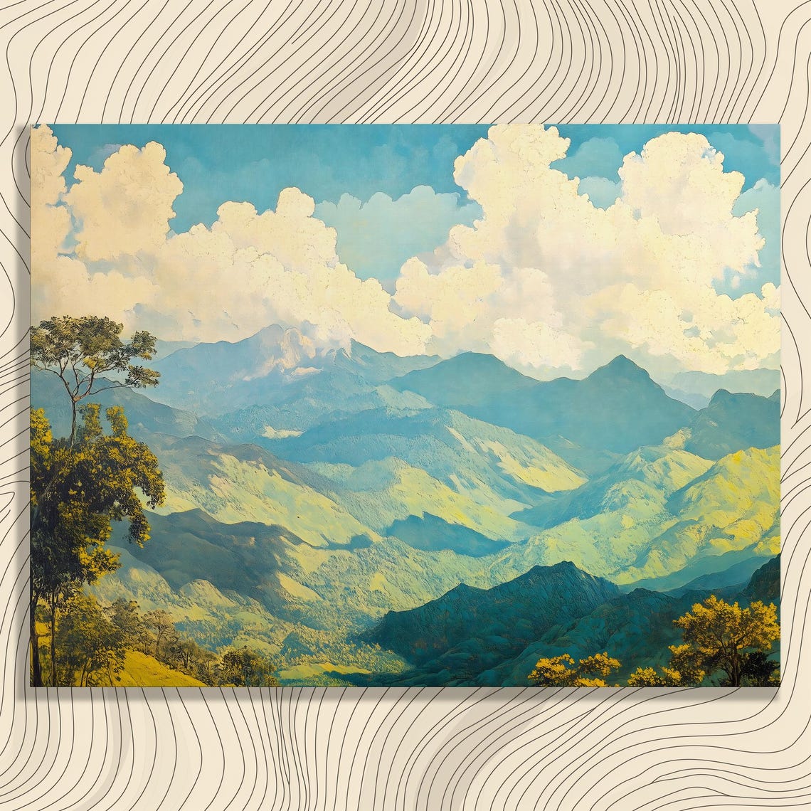 Luminous Sunlit Blue Mountain Peaks Cloudy Sky Landscape Poster