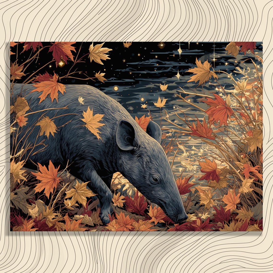 Tapir Nightscape Canvas Wall Art Modern Wildlife Illustration Autumn Leaves Starry Night Nature Print Forest Decor Gift Artwork