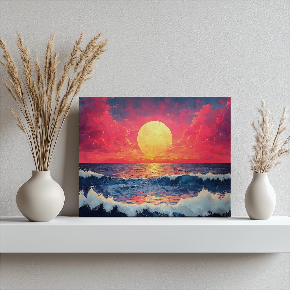 Ocean Sunset Big Sun Dramatic Red Sky Rolling Waves Seascape Wall Art