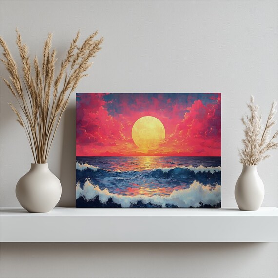 Ocean Sunset Big Sun Dramatic Red Sky Rolling Waves Seascape Wall Art