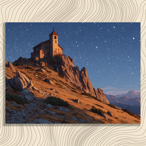 Mountain Chapel Canvas Wall Art Starry Night Sky Landscape Print Rustic Rocky Peak Twilight Stargazing Decor