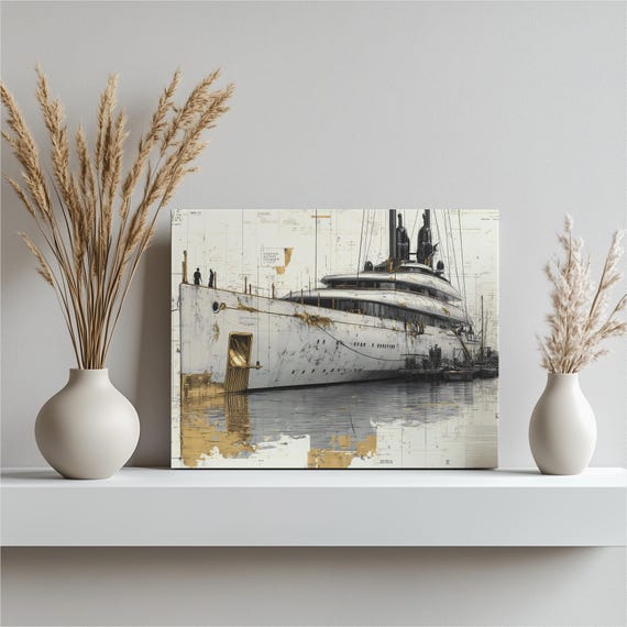 Luxury Yacht Marina Canvas Wall Art Nautical Decor Blueprint Style Gold Line Drawing Coastal Print Naval Architecture Water Reflection