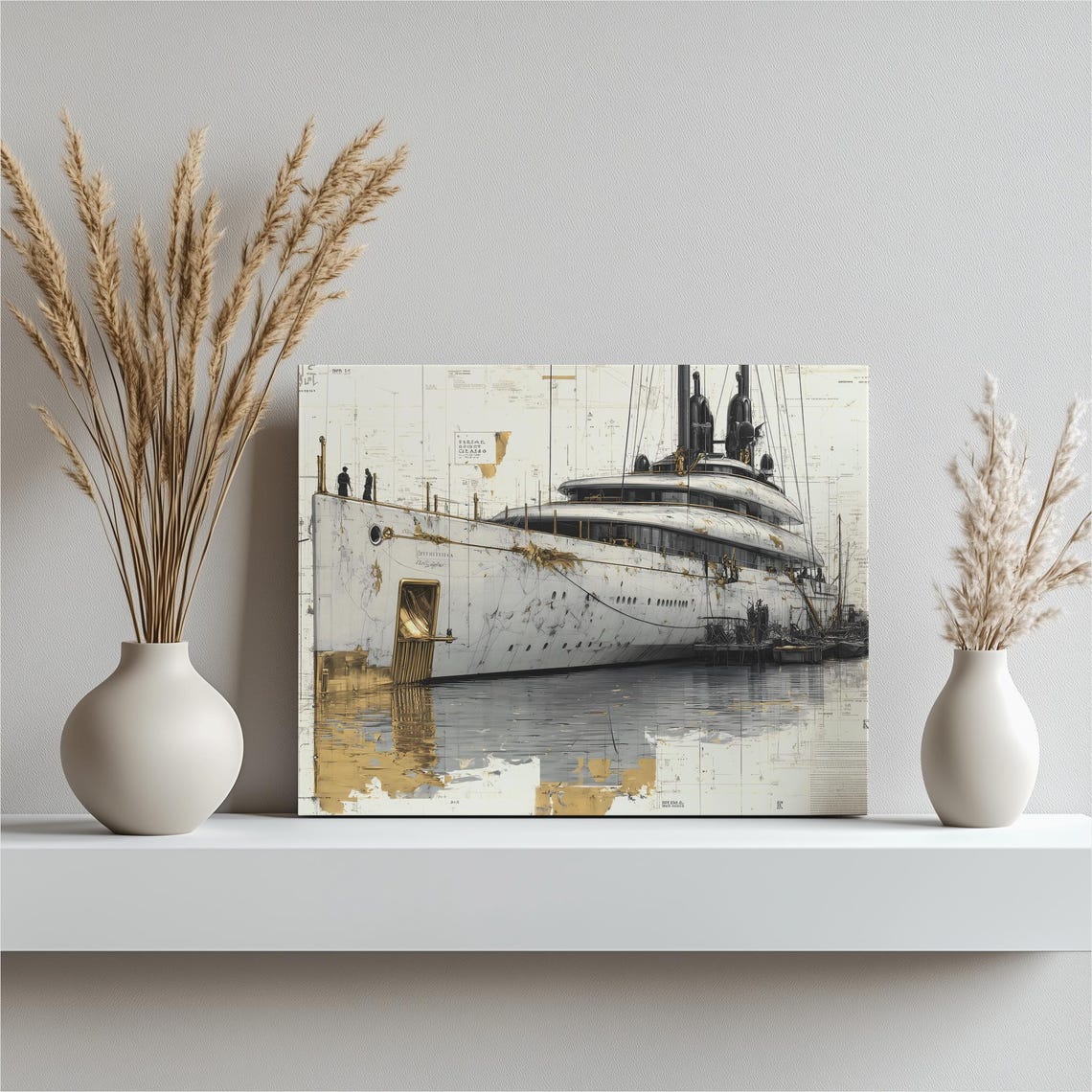 Luxury Yacht Blueprint Gold Accent Sketch Nautical Artwork Poster