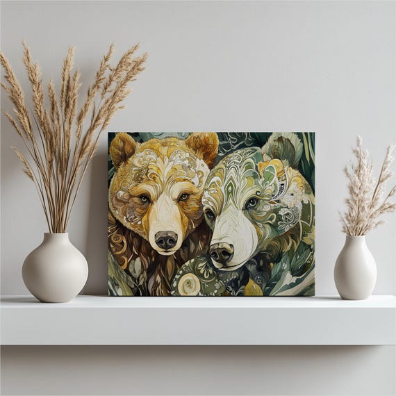 Boho Bear Canvas Wall Art Colorful Wildlife Baby Cub Family Print Nature Inspired Rustic Decor For Animal Lovers Nursery Living Room