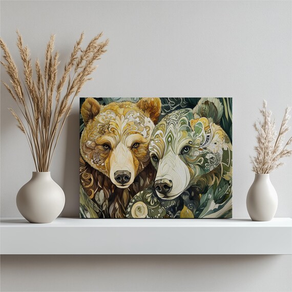 Two Bears Patterned Faces Mosaic Art Gold Green Wildlife Canvas Poster