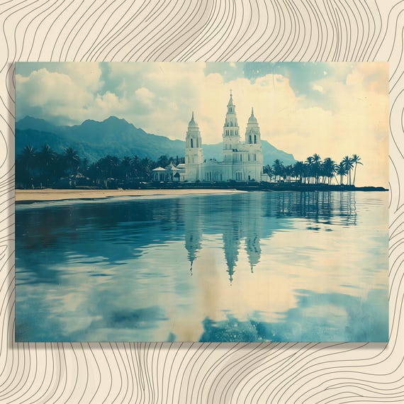 Grand Cathedral Coastal Canvas Wall Art Vintage Sea Print Tropical Decor Landscape Reflection Painting Gift For Lovers