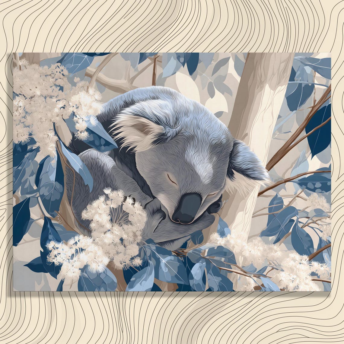 Sleeping Koala Eucalyptus Blossoms Blue Minimalist Art Poster