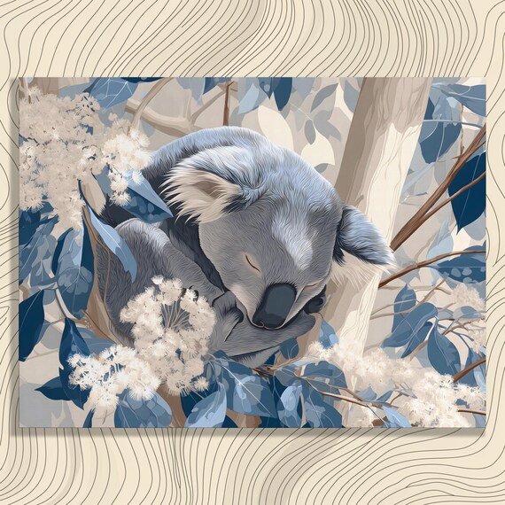 Minimalist Koala Canvas Wall Art Eucalyptus Botanical Print Modern Home Decor Australian Wildlife Painting Blue Beige Nature Gift
