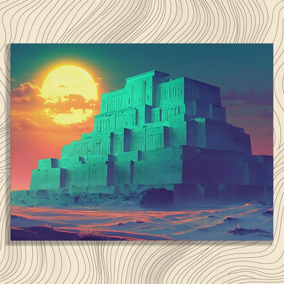 Ancient Ziggurat Sunset Canvas Wall Art Surreal Modern Landscape Print For Adults And Historians Gift Decor Poster