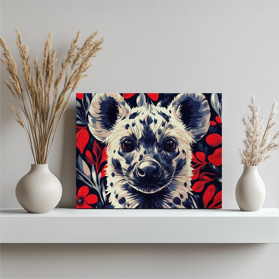 Spotted Hyena Portrait Bold Red Floral Safari Animal Wall Art