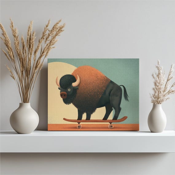 Whimsical Bison Skateboard Canvas Wall Art Modern Buffalo Print Playful Wildlife Decor Retro Style Skater Gift Contemporary Illustration