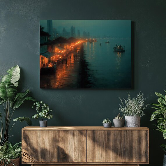 Night Harbor Market Canvas Wall Art Twilight Waterfront Food Stalls City Skyline Ocean Prints Coastal Street Photography Decor