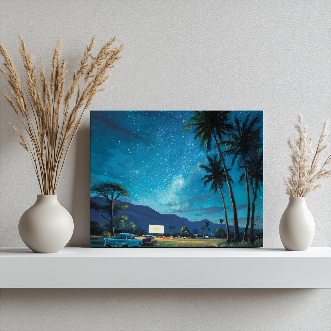 Drive-In Movie Theater Under Starry Night Sky Painting Poster