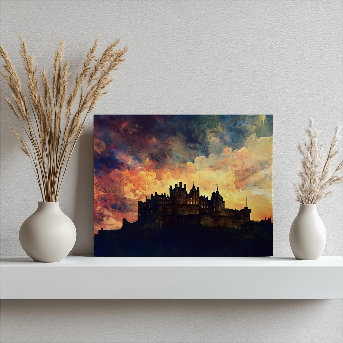 Edinburgh Castle Canvas Wall Art Dramatic Sunset Sky Scottish Landmark Silhouette Print Medieval Fortress Skyline For Home Decor