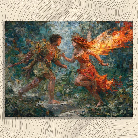 Enchanted Fairy Lovers Canvas Wall Art Mystical Mosaic Fantasy Decor Print Forest Couple Artwork Gift Vibrant Color Magic