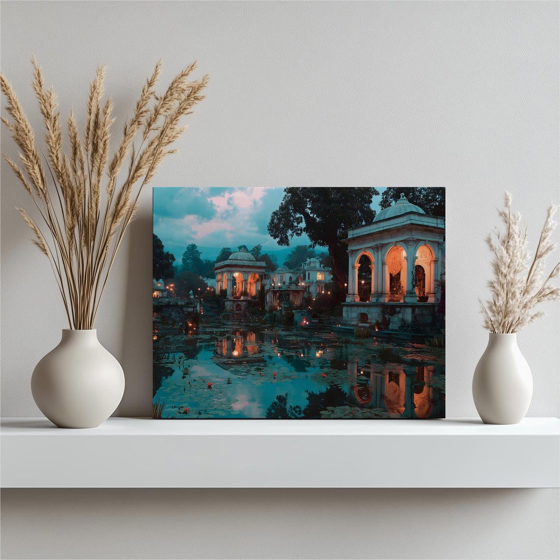 Serene Moonlit Temple Garden Pavilion Pond Lily Reflections Poster