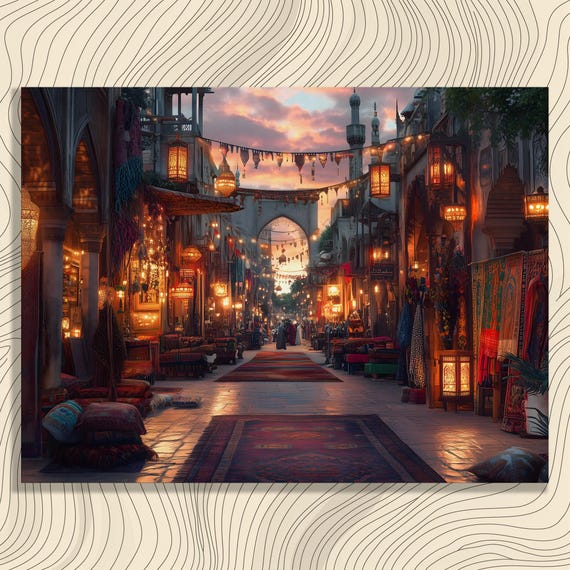 Vibrant Middle Eastern Canvas Wall Art Sunset Market Bazaar Lanterns Textiles Print Bohemian Style Eclectic Decor Twilight Sky