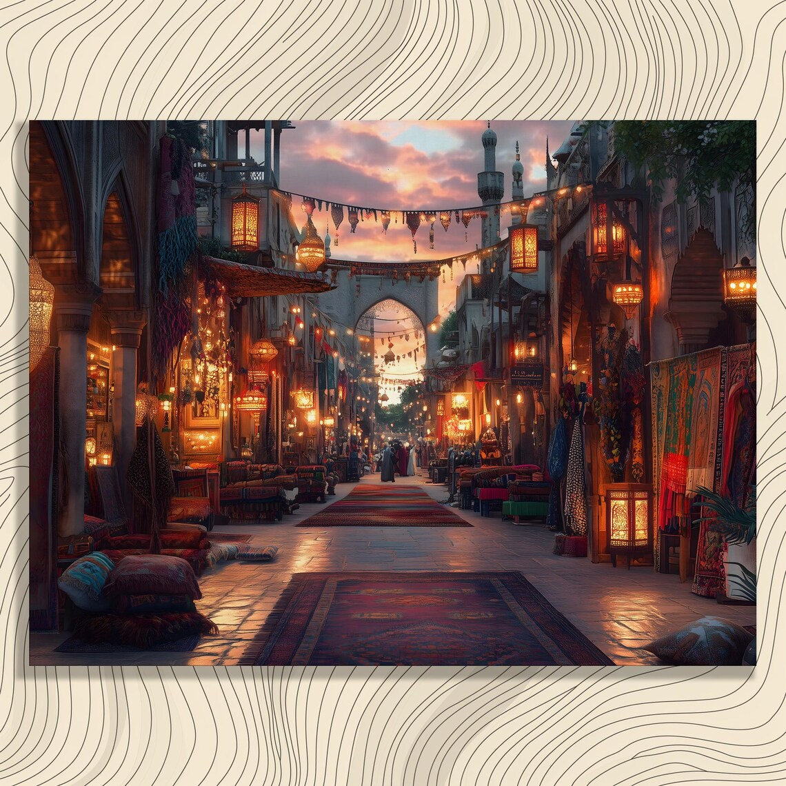 Sunset Lantern Bazaar Market Street Golden Hour Travel Poster