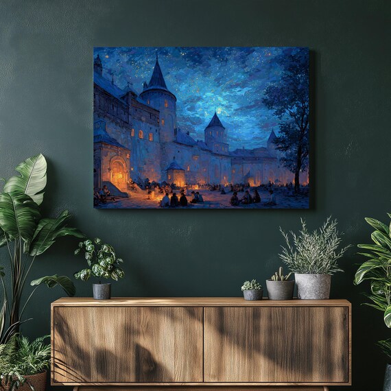 Castle Canvas Wall Art Medieval Fortress Print Starry Night Sky Decor Fantasy Landscape Illustration Nighttime Blue Mural
