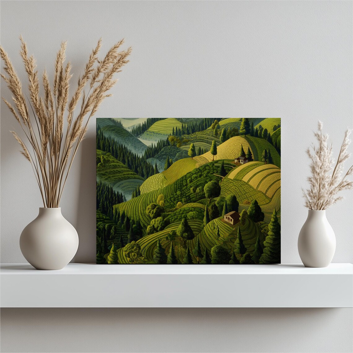 Rolling Green Hills Countryside Terraced Farms Modern Wall Art