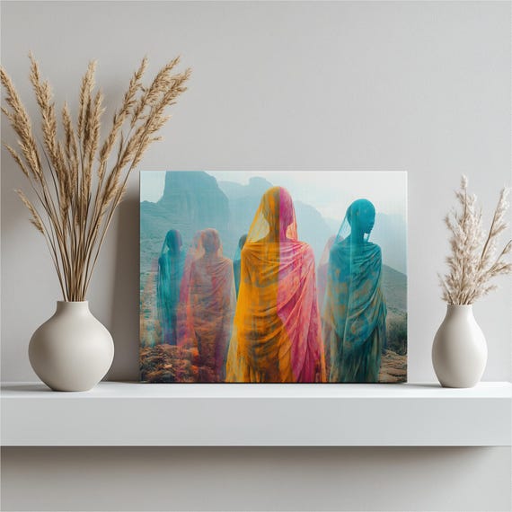 Ethiopian Festival Canvas Wall Art Veiled Women In Colorful Shawls At Misty Mountain Sunrise Gathering Landscape For Cultural Home Decor