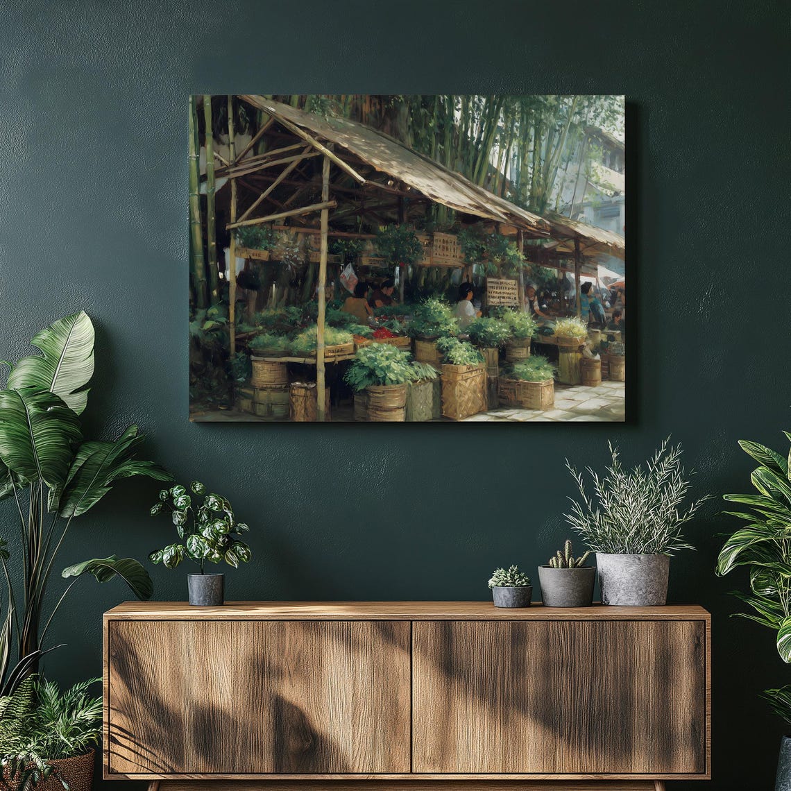 Rustic Bamboo Market Stall Fresh Greenery Painting Wall Poster