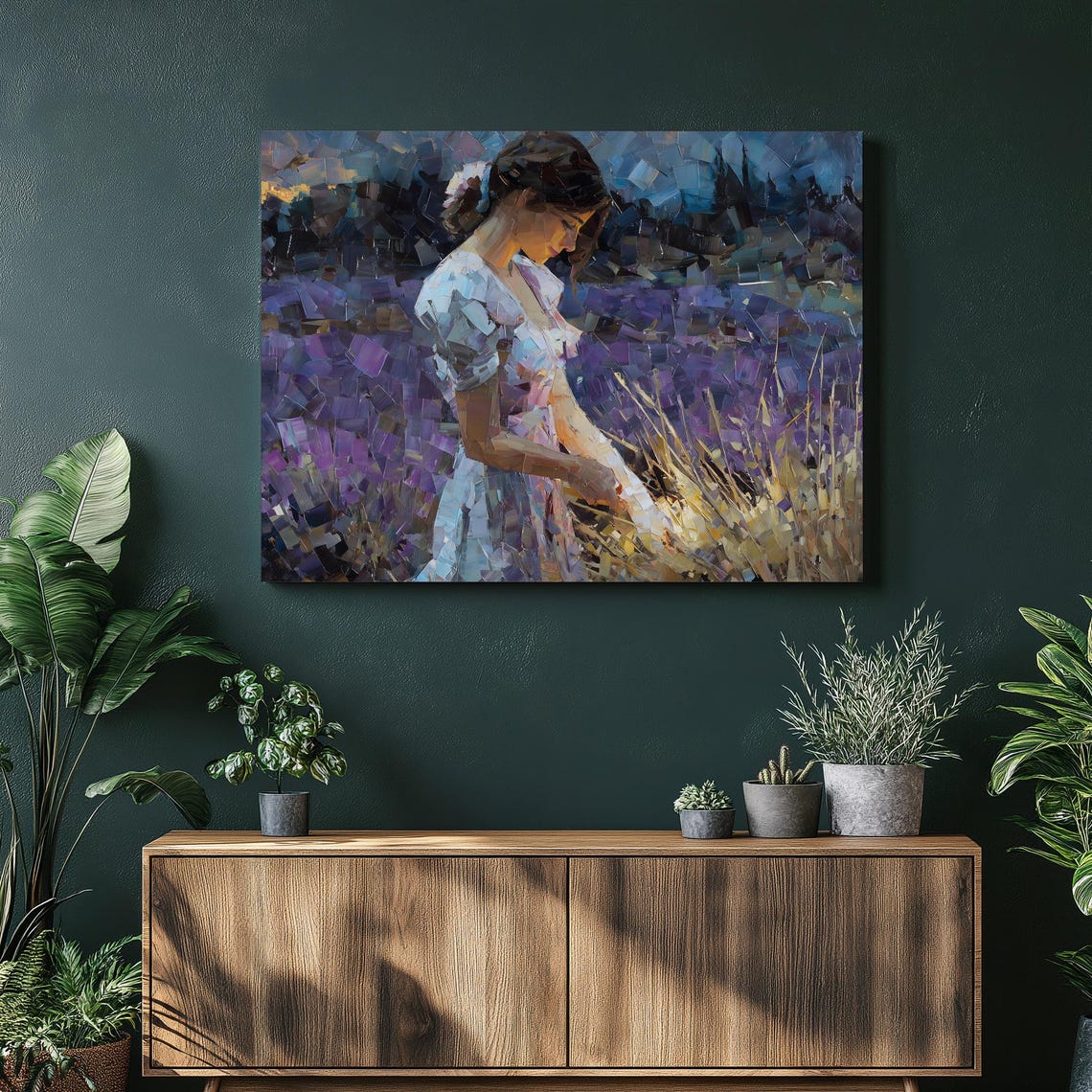 Lavender Field Woman Canvas Wall Art Purple Dusk Impasto Painting Country Farmhouse Landscape Wildflowers Wheat Stalks Golden Light Nature